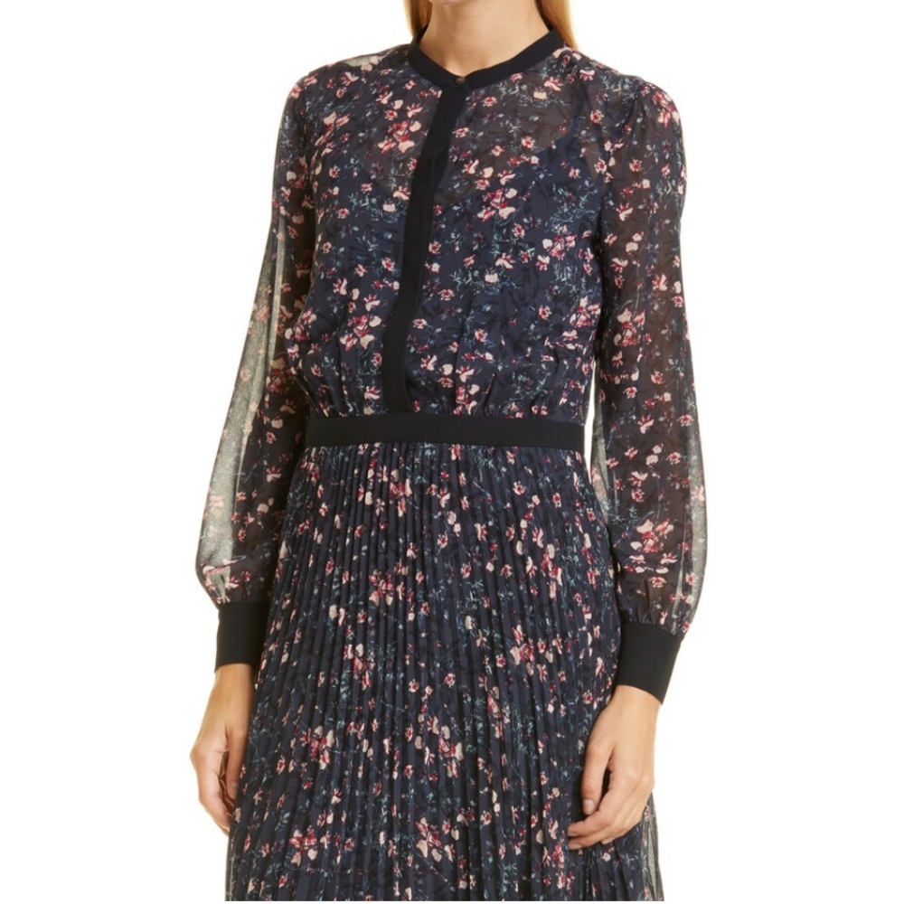 Club Monaco Pleated Long Sleeve Floral Dress